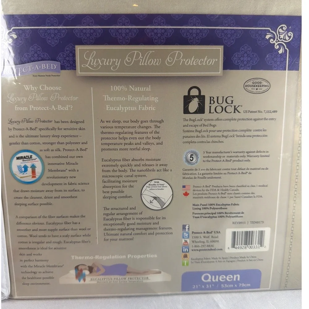 Protect-A-Bed Luxury Pillow Protector Queen Tan Eucalyptus Fiber wtrproofBugLock